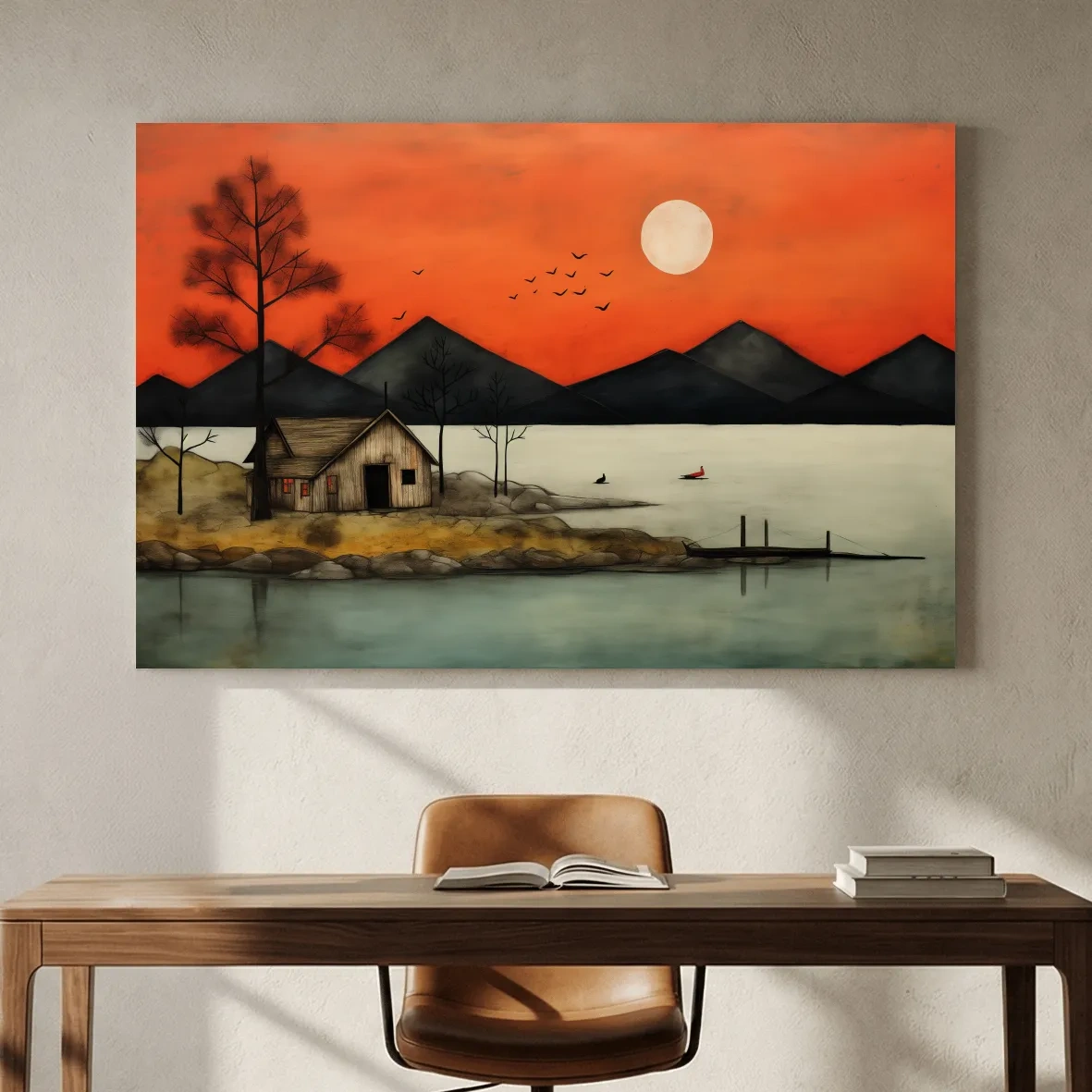 Rustic Lakeside Cabin Sunset Painting - Mountain Wall Art