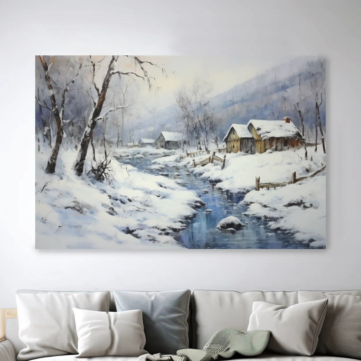 Snowy landscape artwork with rustic cabins beside a frozen stream, serene winter wall art