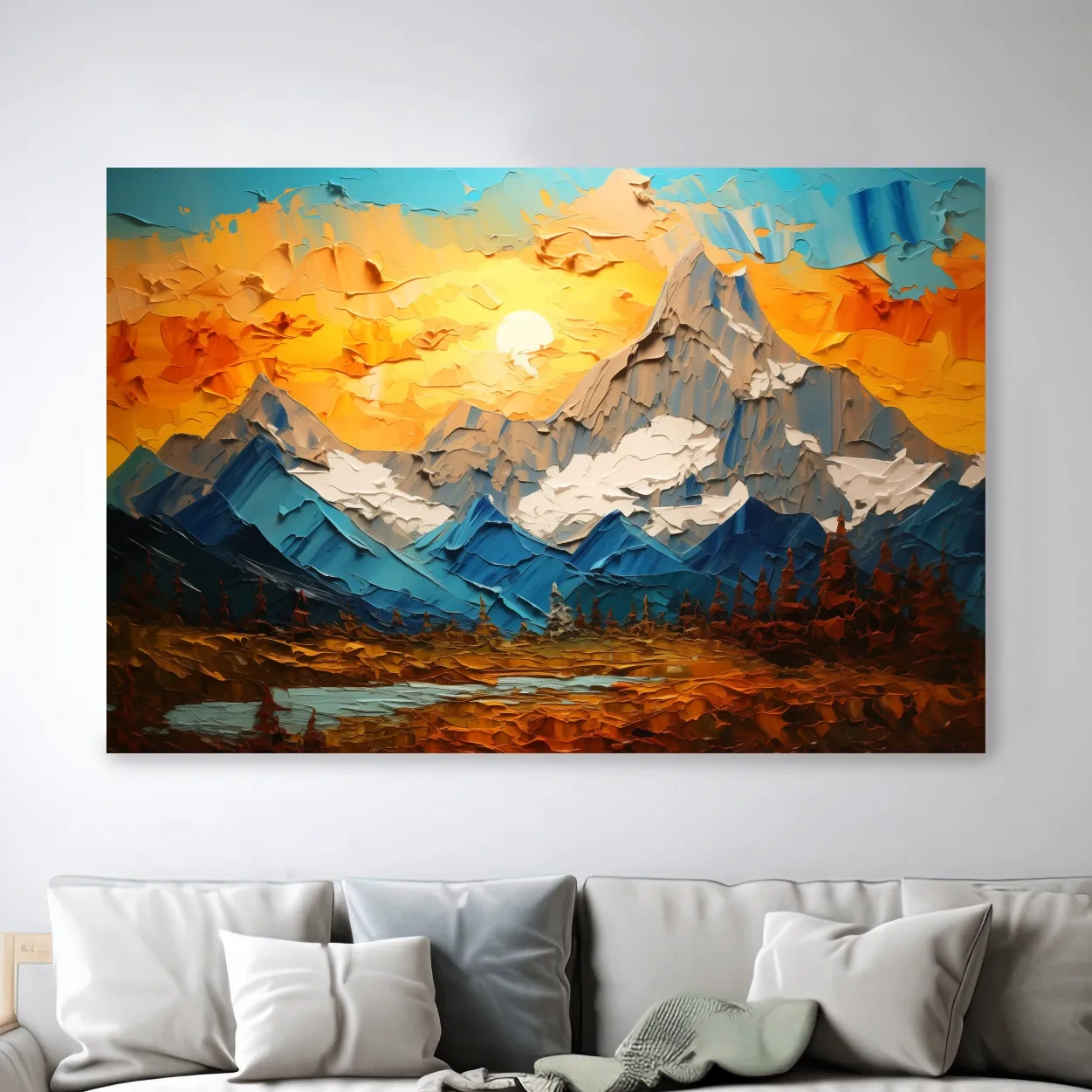 Palette Knife Style Mountain Sunset Painting - Vibrant Abstract Alpine Artwork
