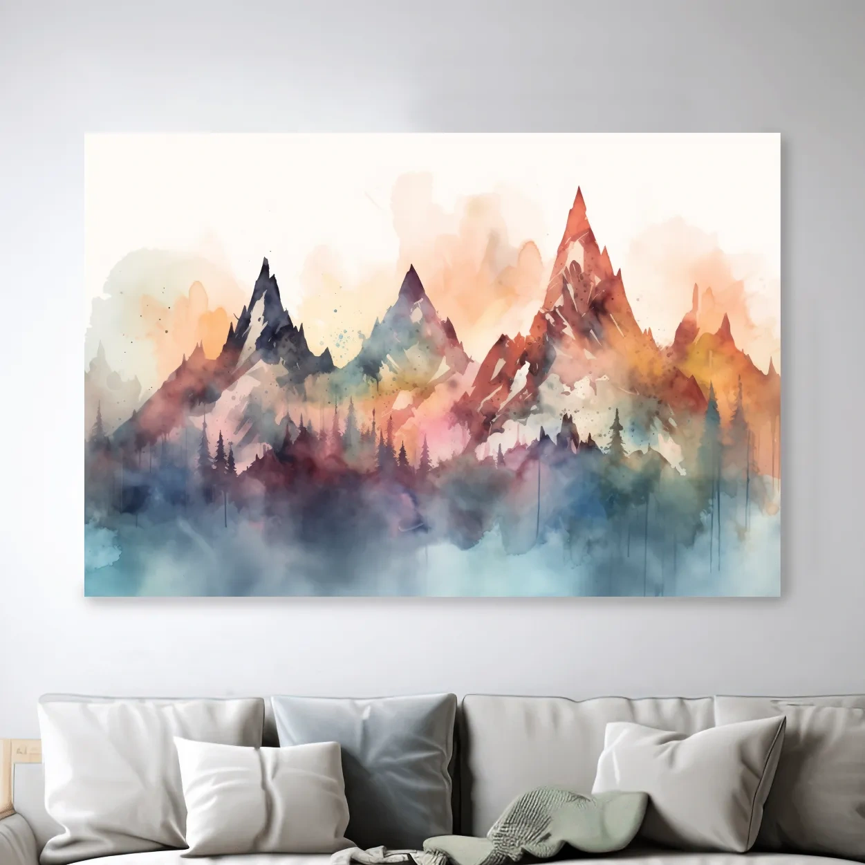 Colorful watercolor mountain wall art, serene misty landscape painting