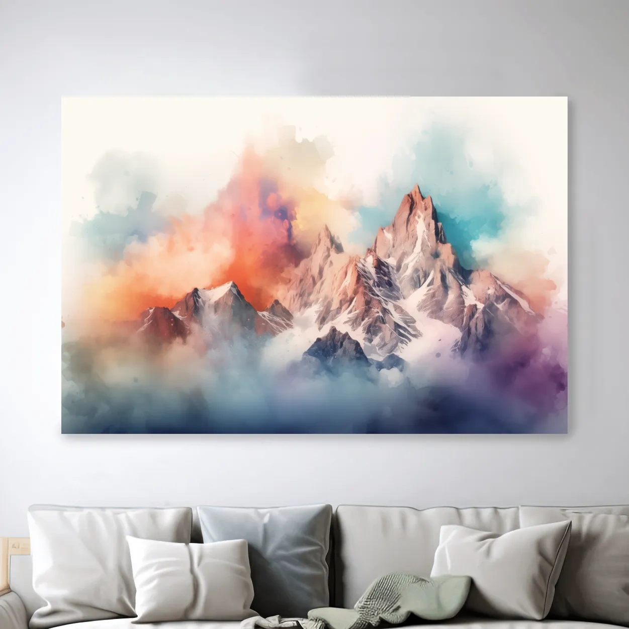 Abstract colourful mountain artwork, vibrant effect with clouds and peaks
