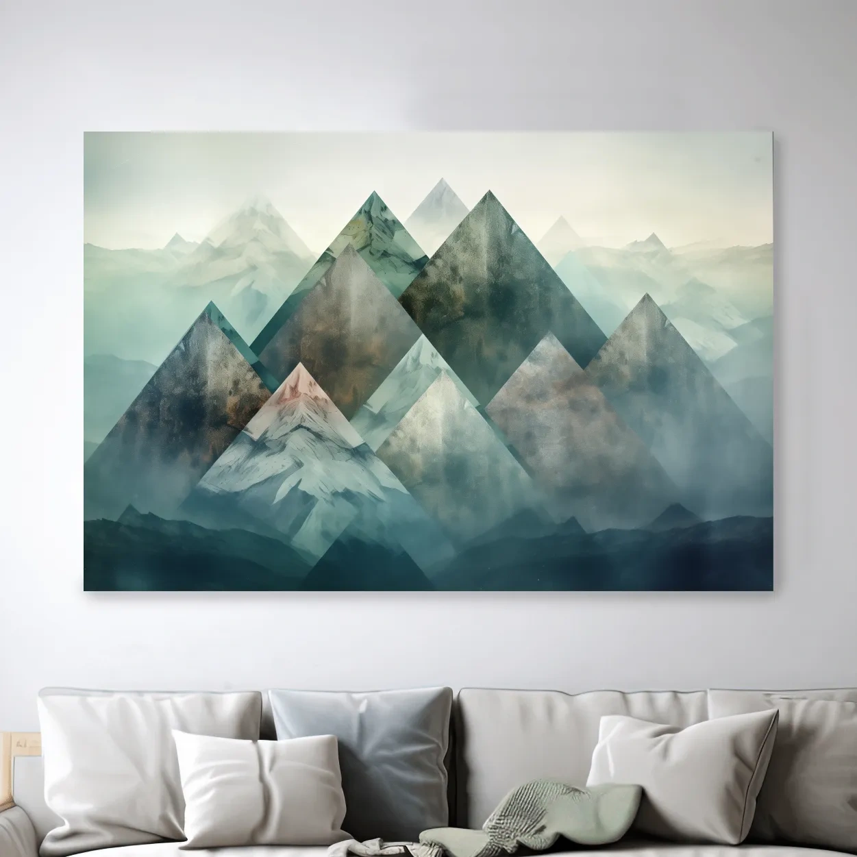 Mystical mountain landscape artwork, layered geometric peaks in misty hues