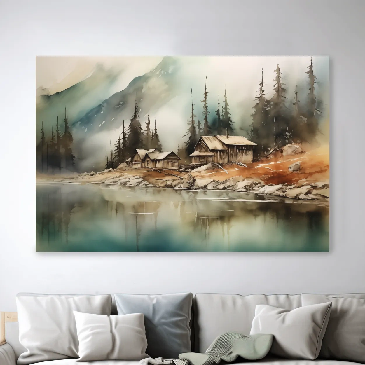 Rustic alpine mountain lake cabins, watercolor style landscape wall art