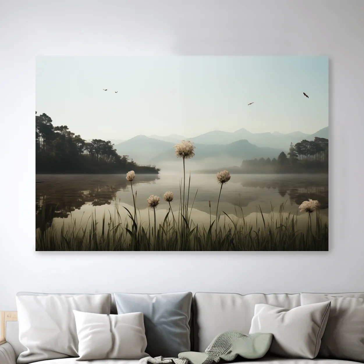 Photographic art painting of dandelions on the lake