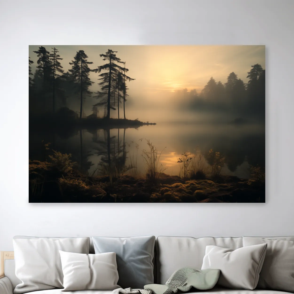 Photographic art of a misty lake at sunrise