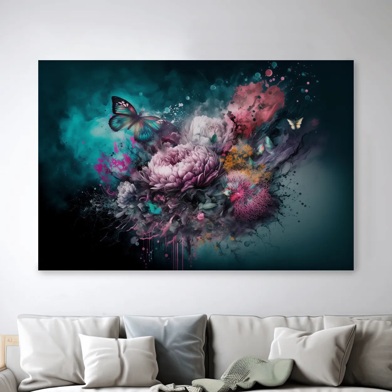 Fantasy floral explosion artwork with butterflies, vibrant abstract wall art