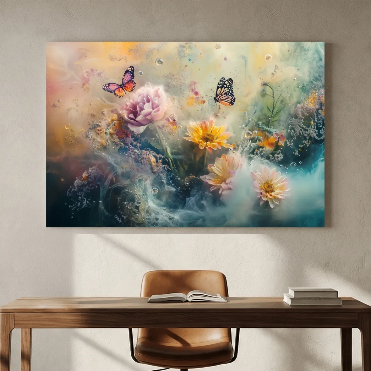 Ethereal Butterfly Floral Dreamscape - Pastel Mixed Media Wall Art