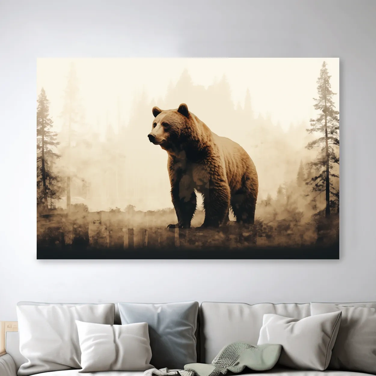 Grizzly bear in the forest, double exposure sepia photography artwork