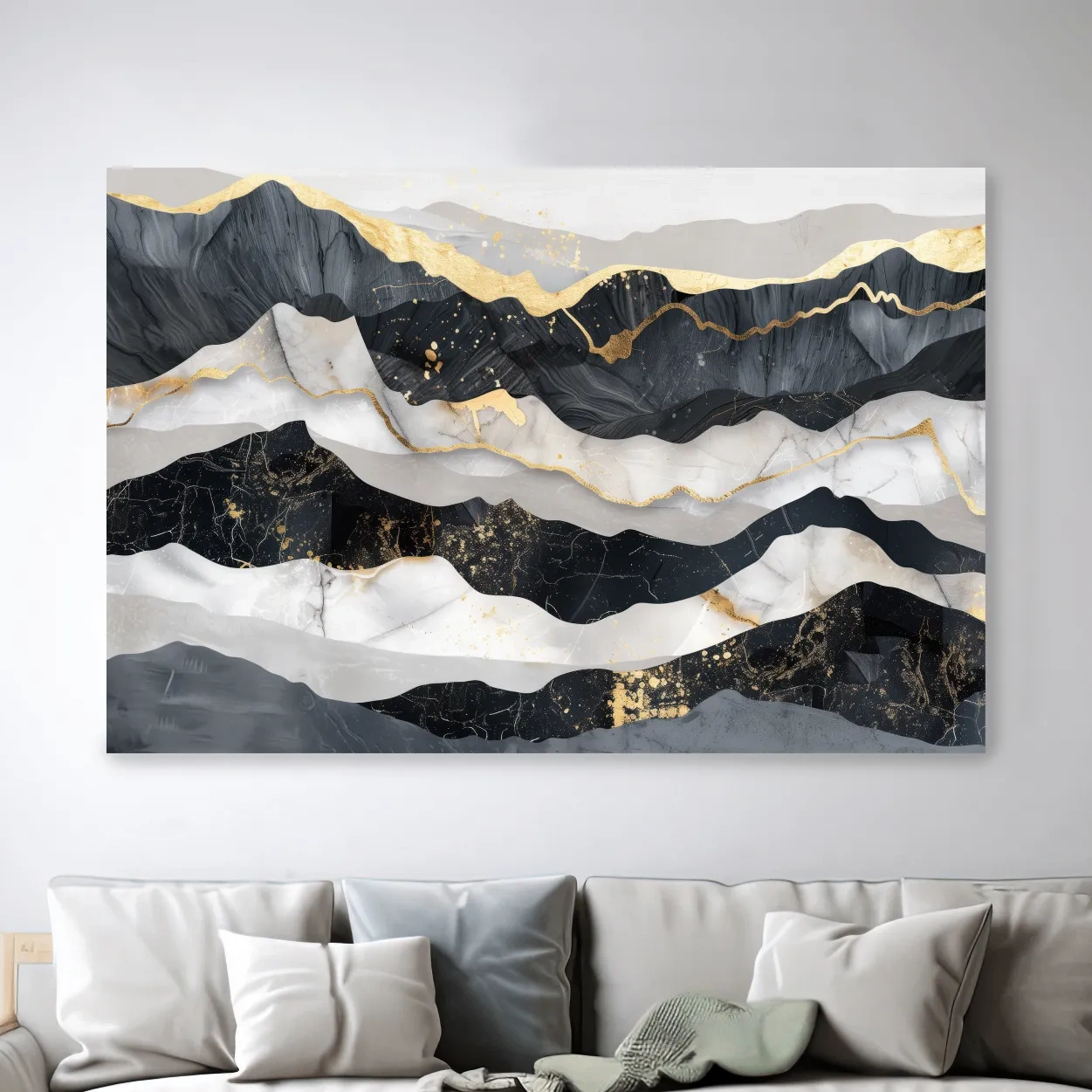 Abstract Black Marble Mountain Layers - Modern Elegant Gold Foil Landscape Wall Art
