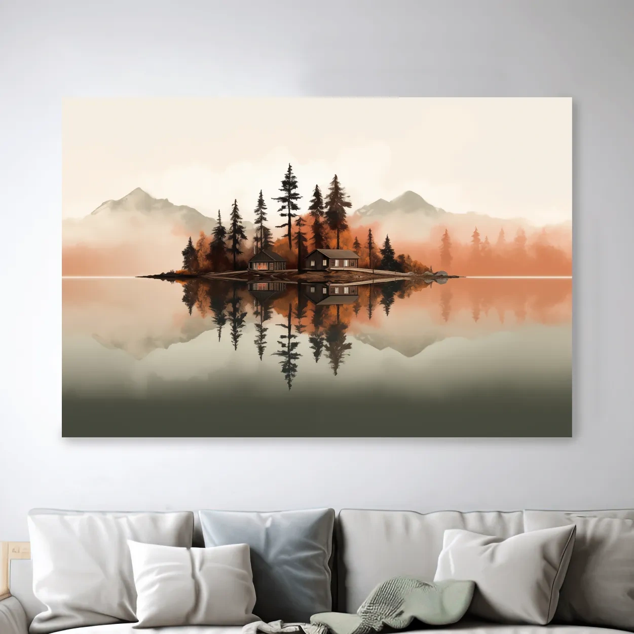 Minimalist art, lakeside cabin amongst the trees