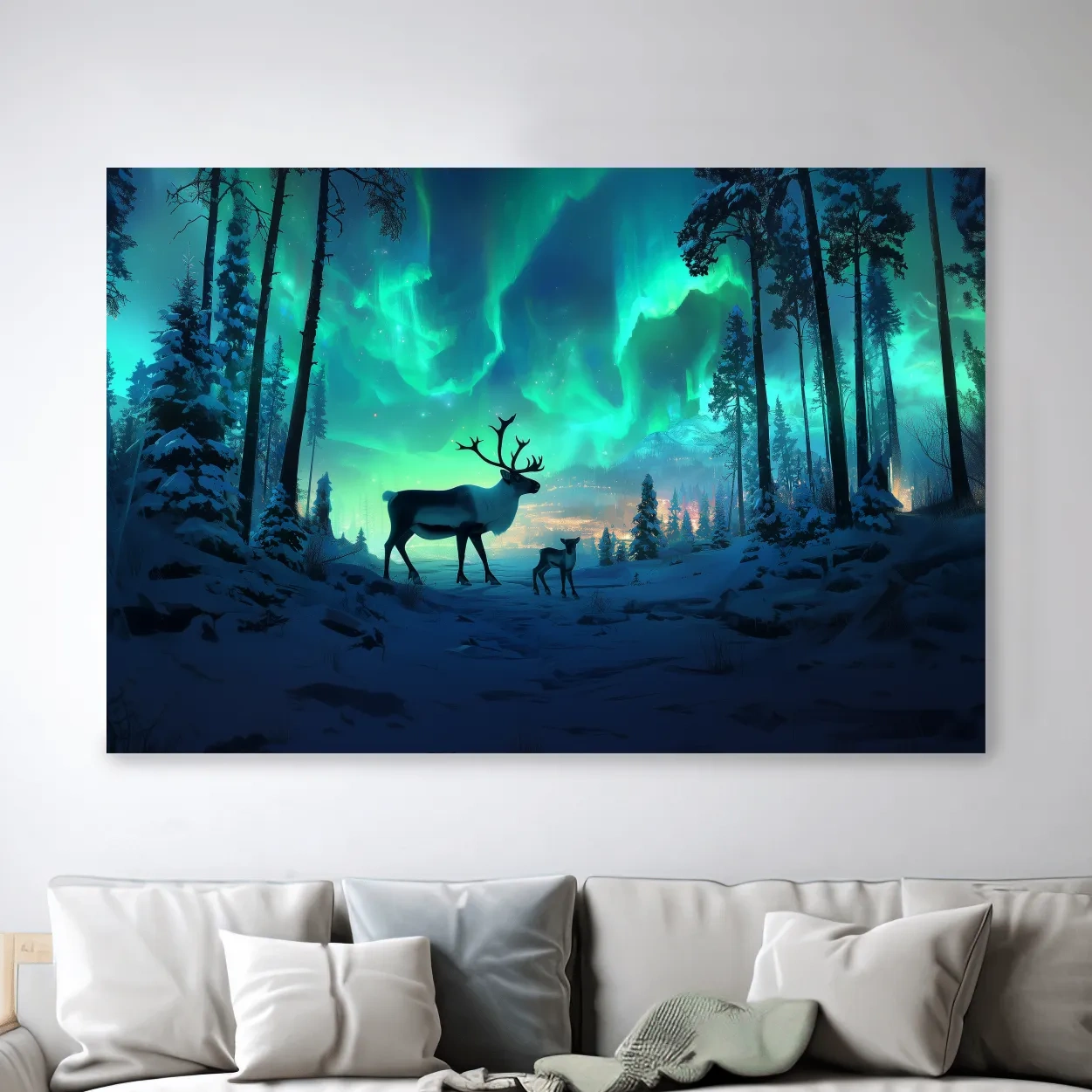 Caribou buck and fawn under vibrant northern lights in a snowy winter forest