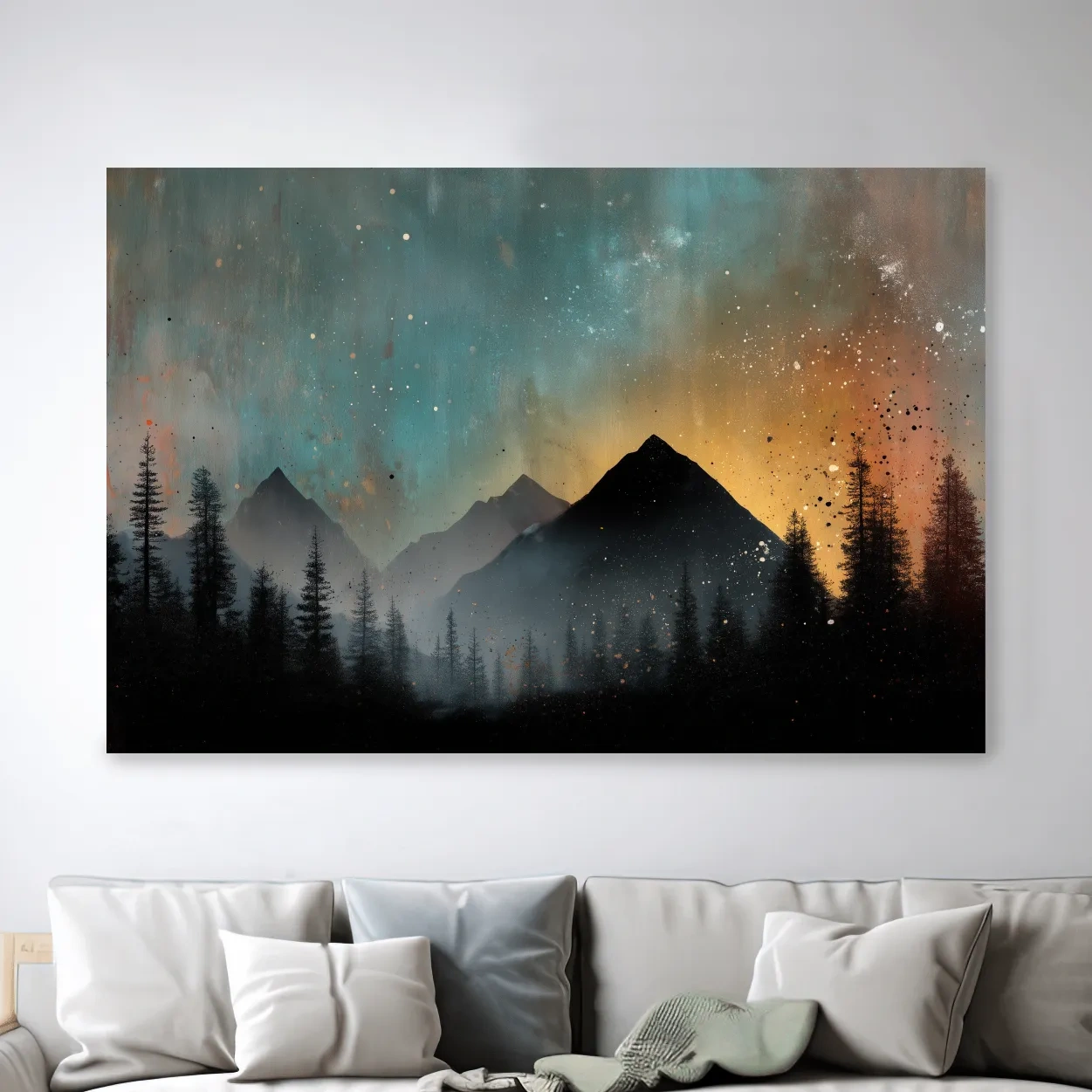 Colorful mountain sunrise artwork, misty forest and starry sky painting