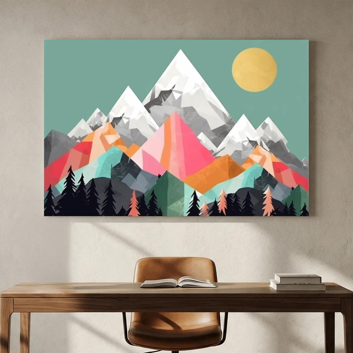 Geometric Abstract 2D Mountain Sunrise Art - Colorful Mid Century Wall Art