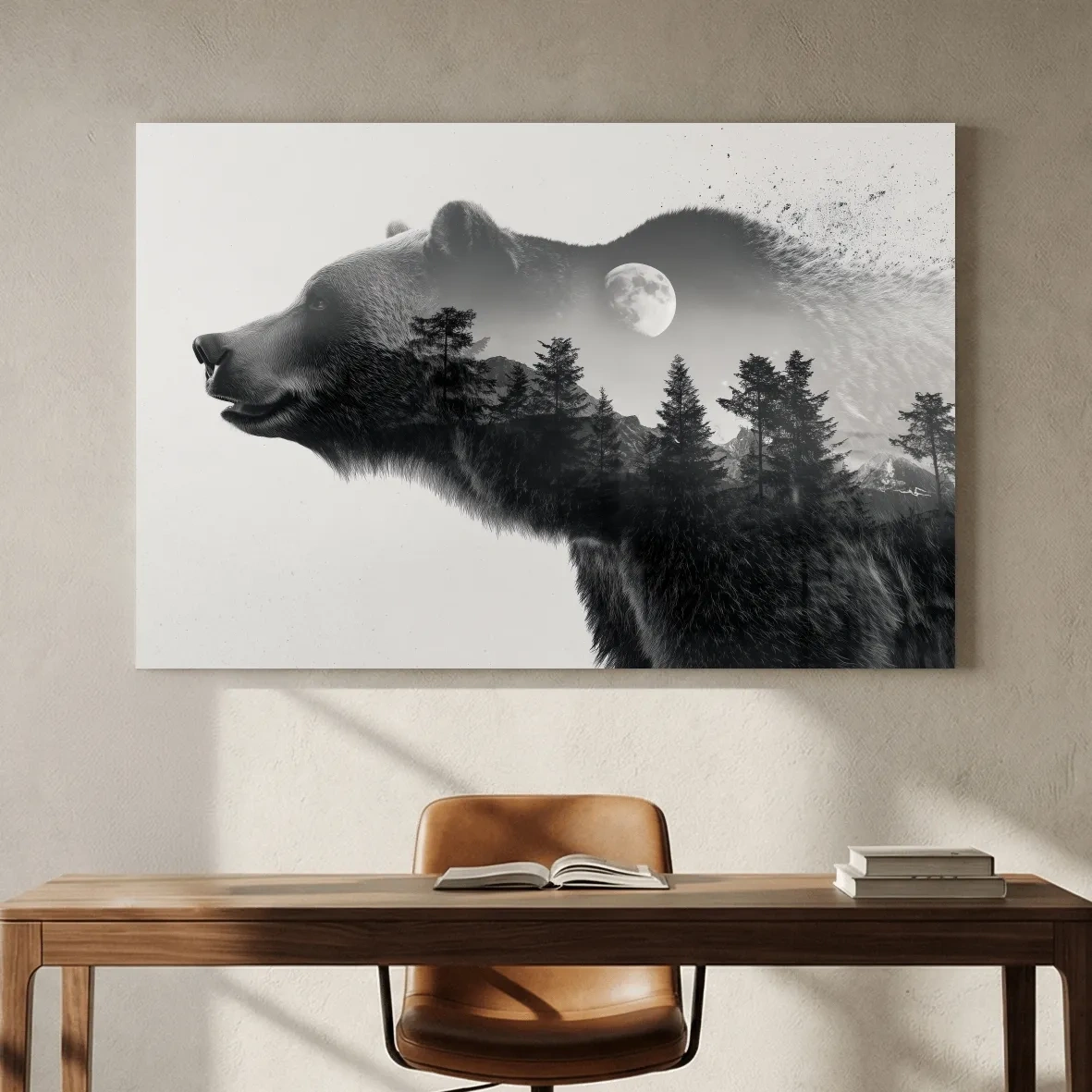 Black And White Grizzly Bear Double Exposure - Moonlit Pine Forest Mountain Wall Art