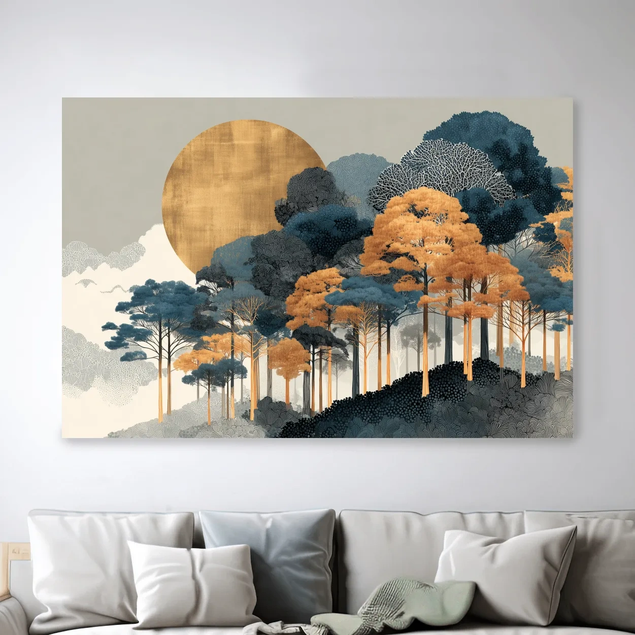Modern Chic Golden Sun Over Autumn Forest - Elegant Boho Landscape Wall Art