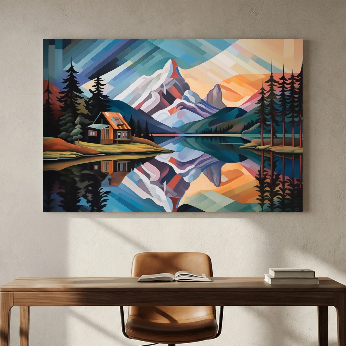 Mountain Cabin by the Lake Canvas Print - Abstract Oil Painting Sunset Wall Art