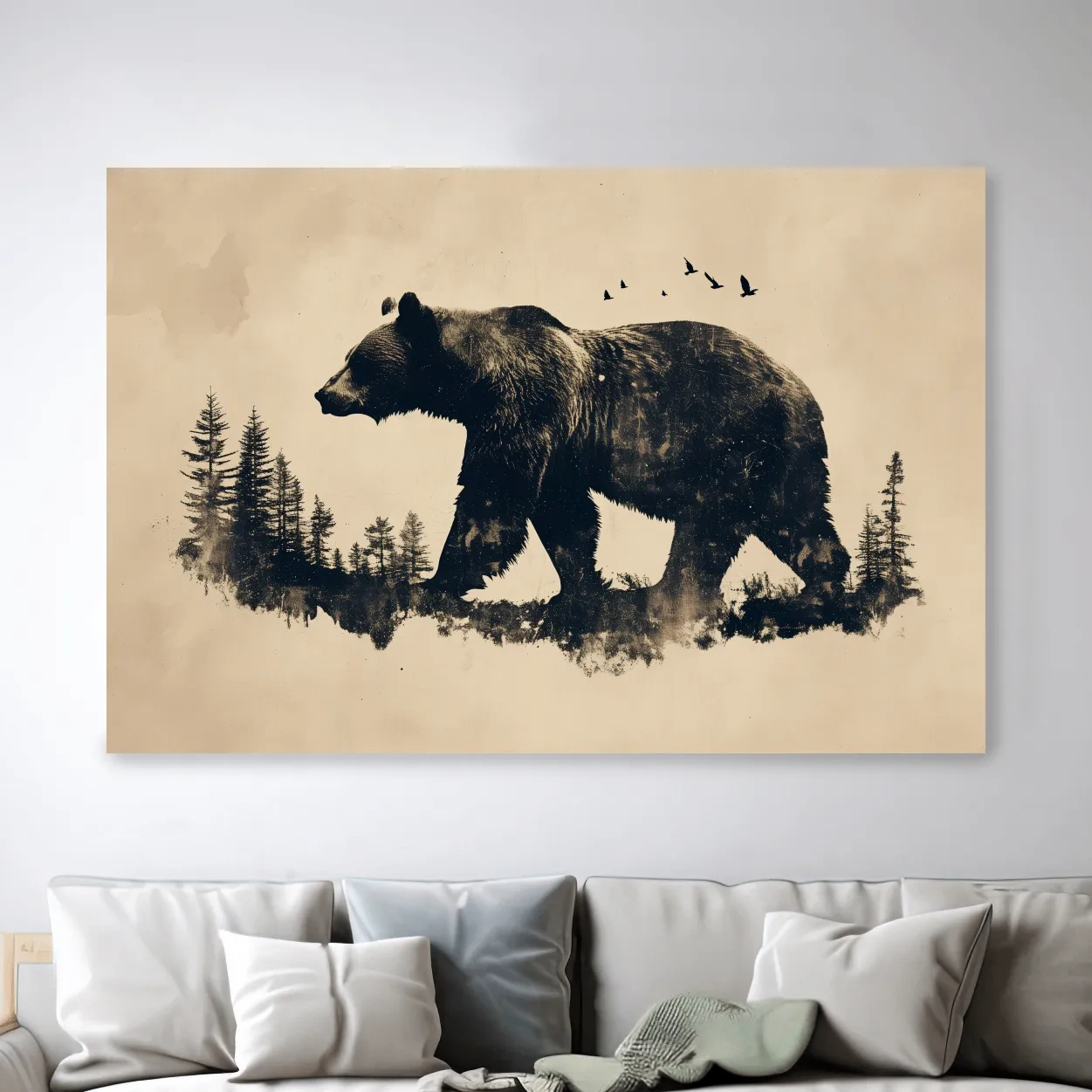 Vintage Grizzly Bear Forest Silhouette - Rustic Wildlife Wall Art