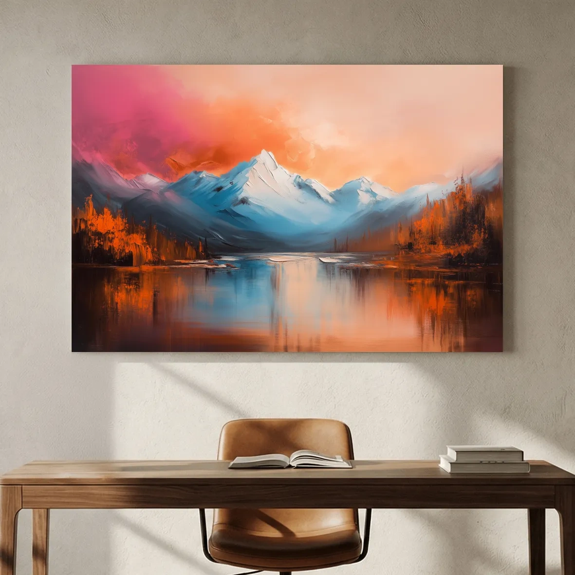 Sunset Mountain Lake Painting - Serene Abstract Landscape Wall Art Print