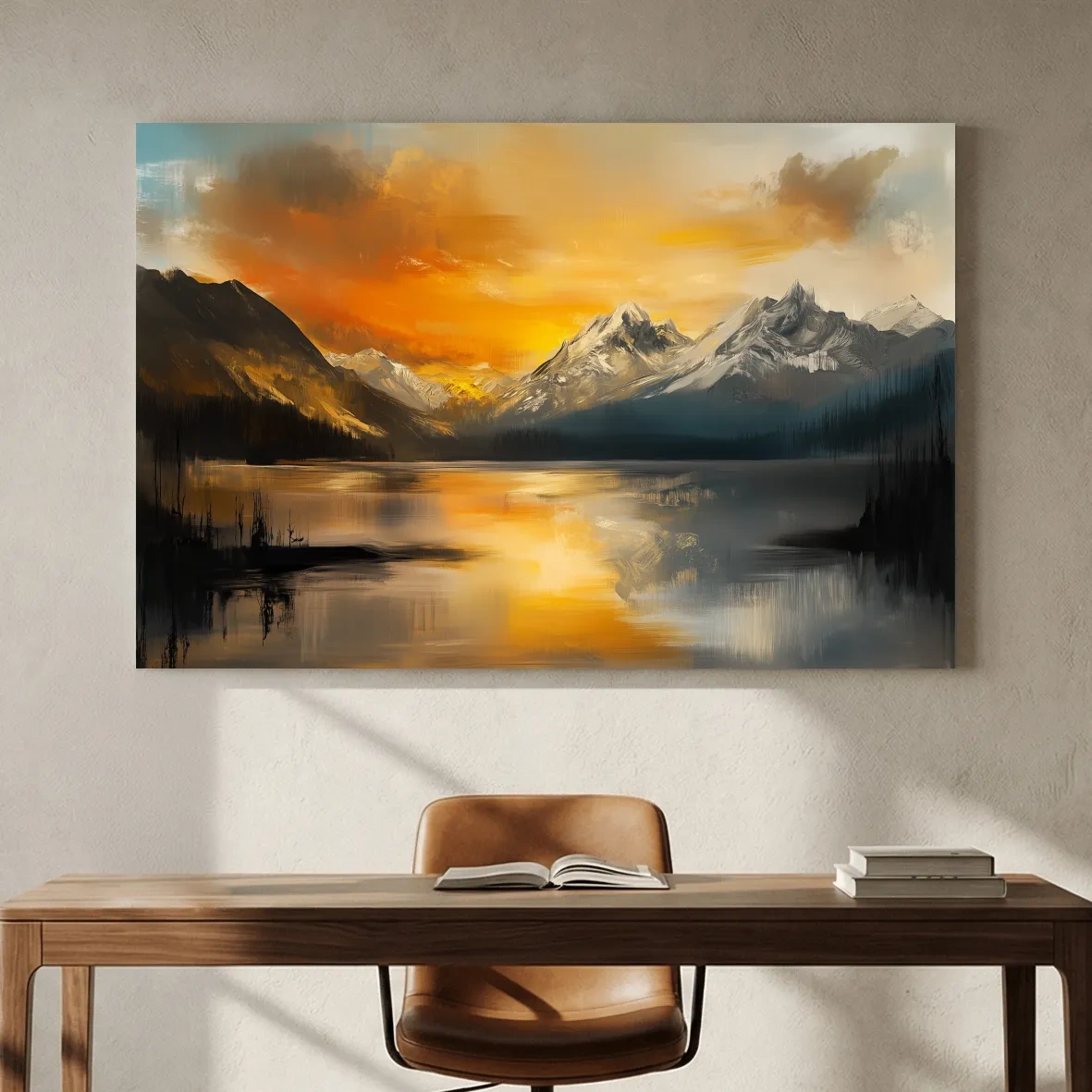 Moody Alpine Mountain Lake Sunset Painting - Oil Painting Style Wall Art