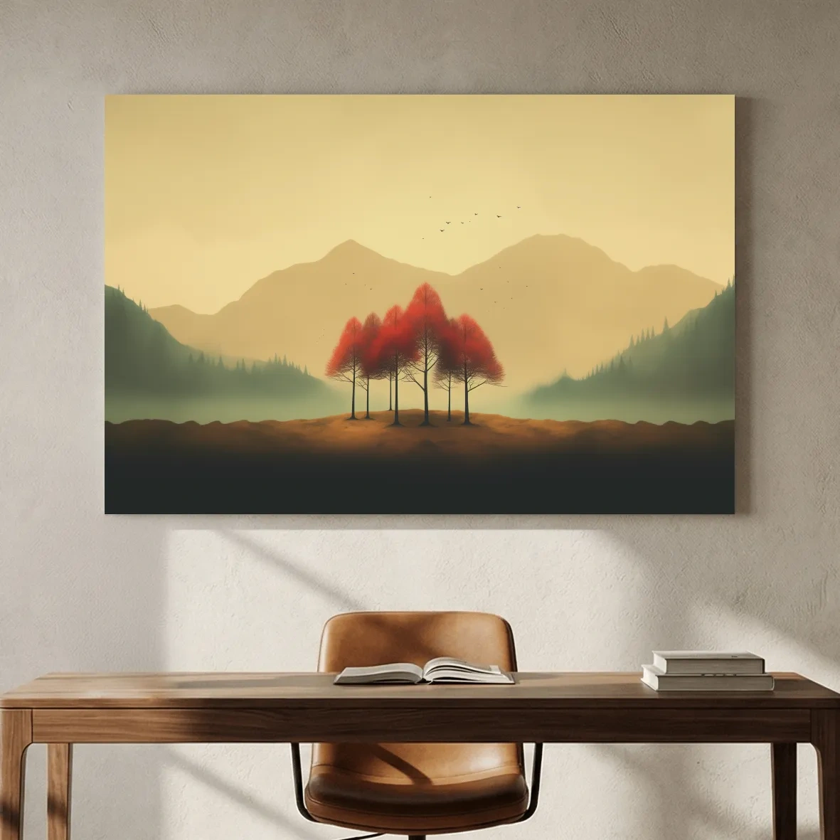 Minimalist Autumn Tree Grove Landscape - Misty Mountain Forest Wall Art