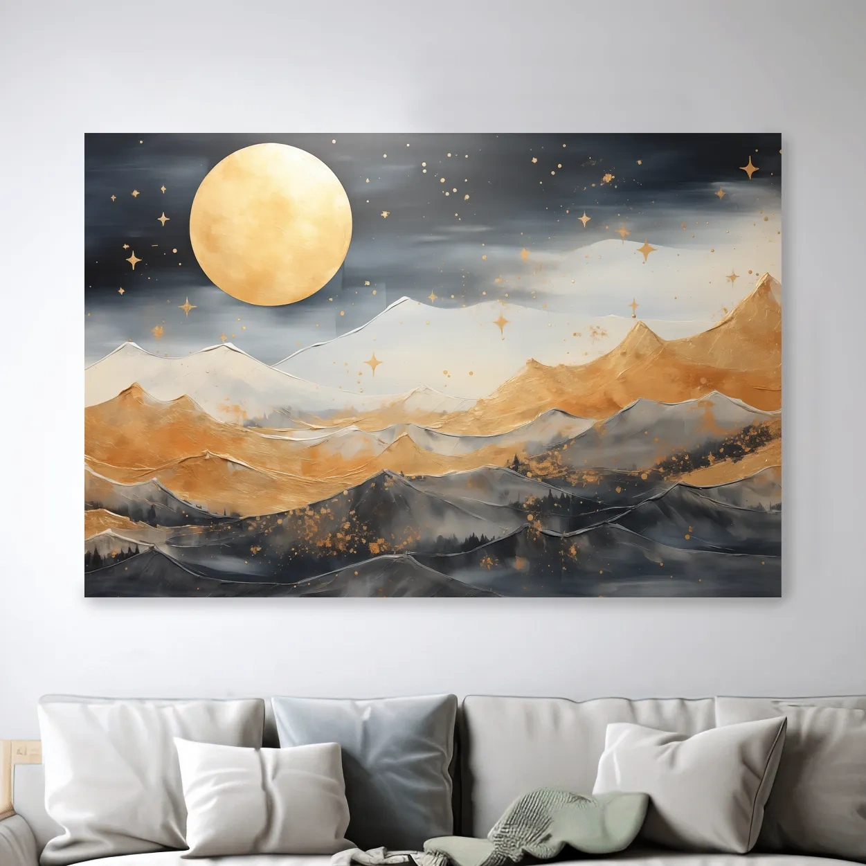 Golden Moonlit Abstract Mountain Landscape - Modern Metallic Watercolor Wall Art