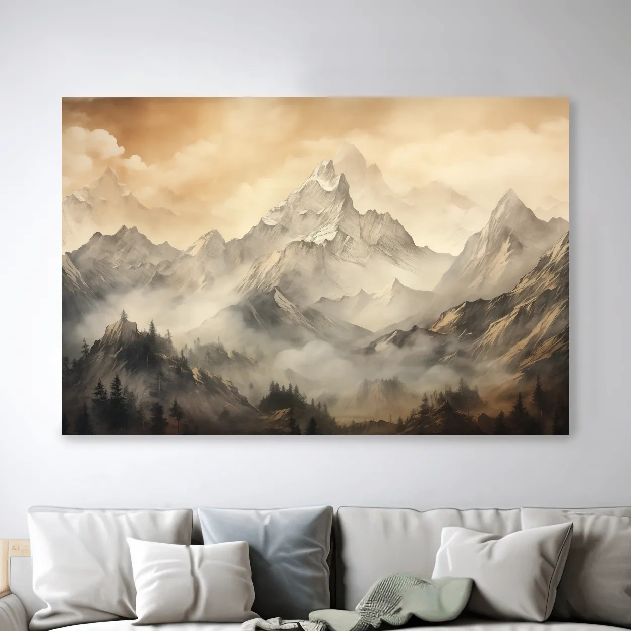 Moody Sepia Misty Mountain Peaks - Atmospheric Alpine Landscape Painting Wall Art