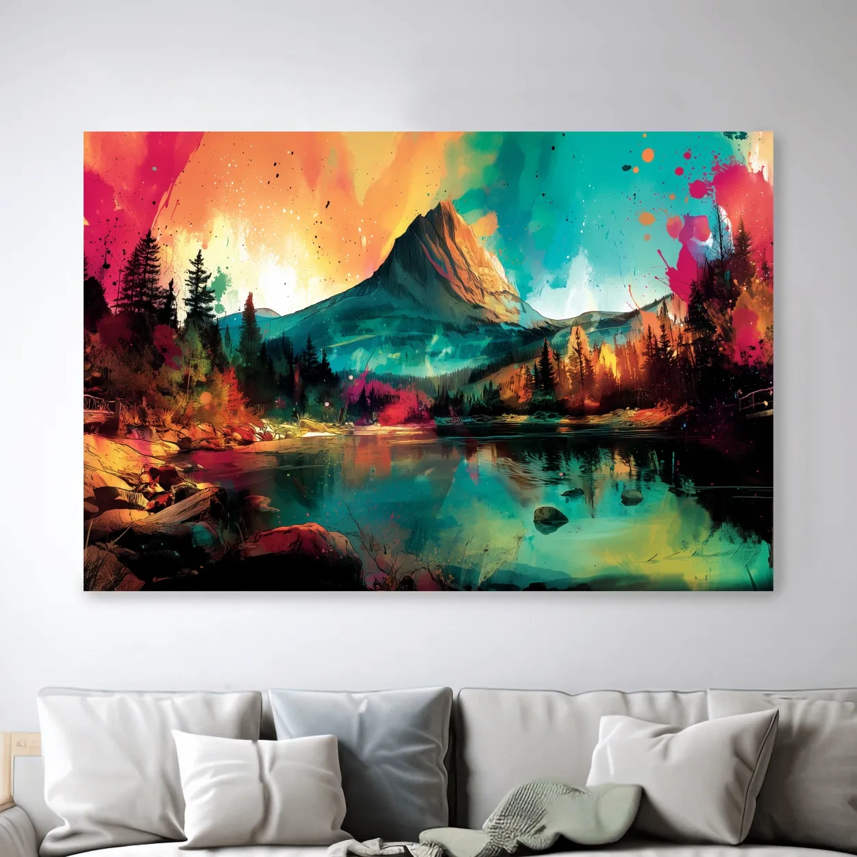 Vibrant Abstract Alpine Mountain Sunrise - Colorful Watercolor Style Artwork