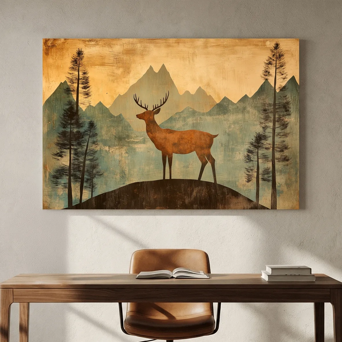 Rustic Deer Silhouette Mountain Landscape - Vintage Woodland Wall Art