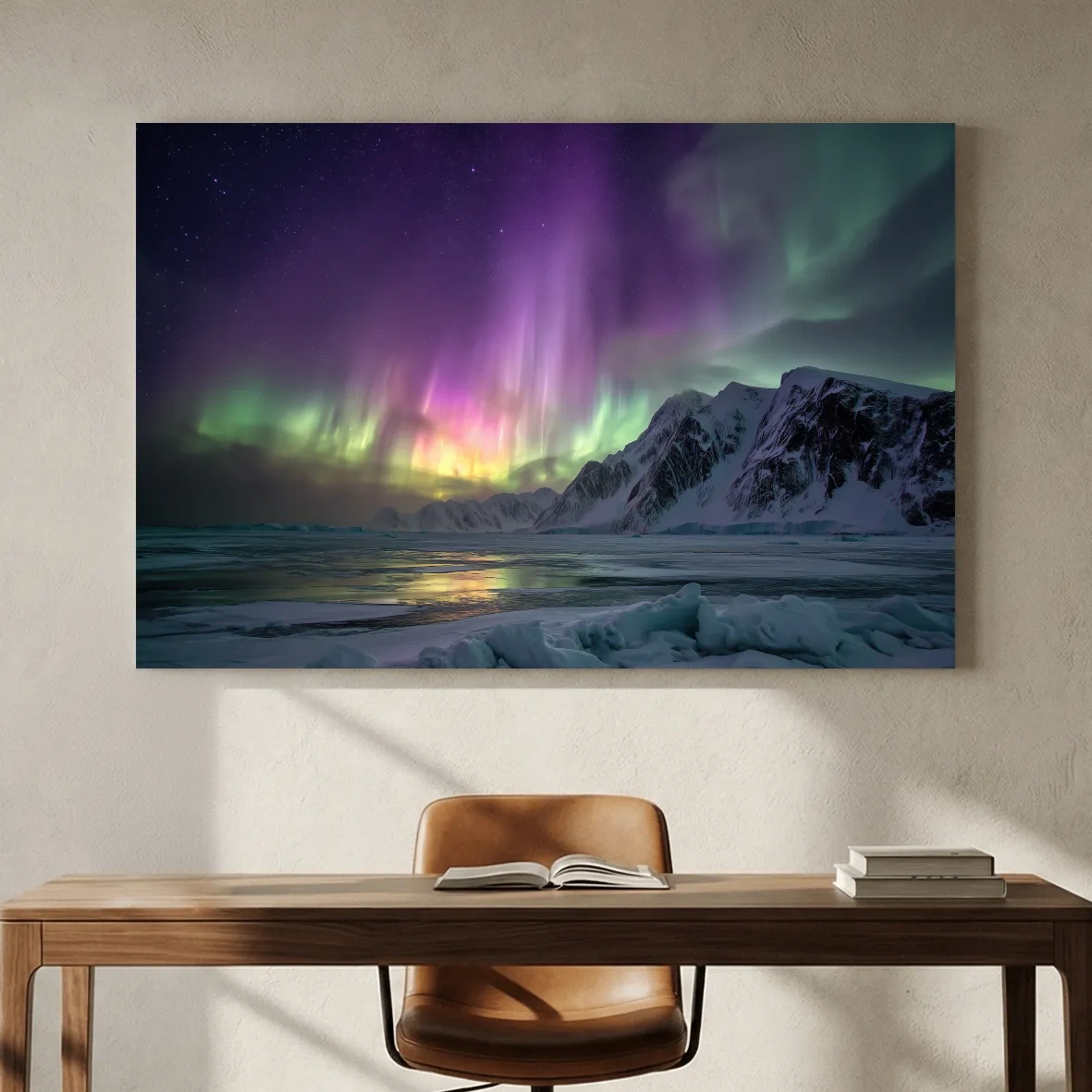 Vibrant Northern Lights Over Snowy Mountains - Aurora Borealis Photographic Night Sky Wall Art