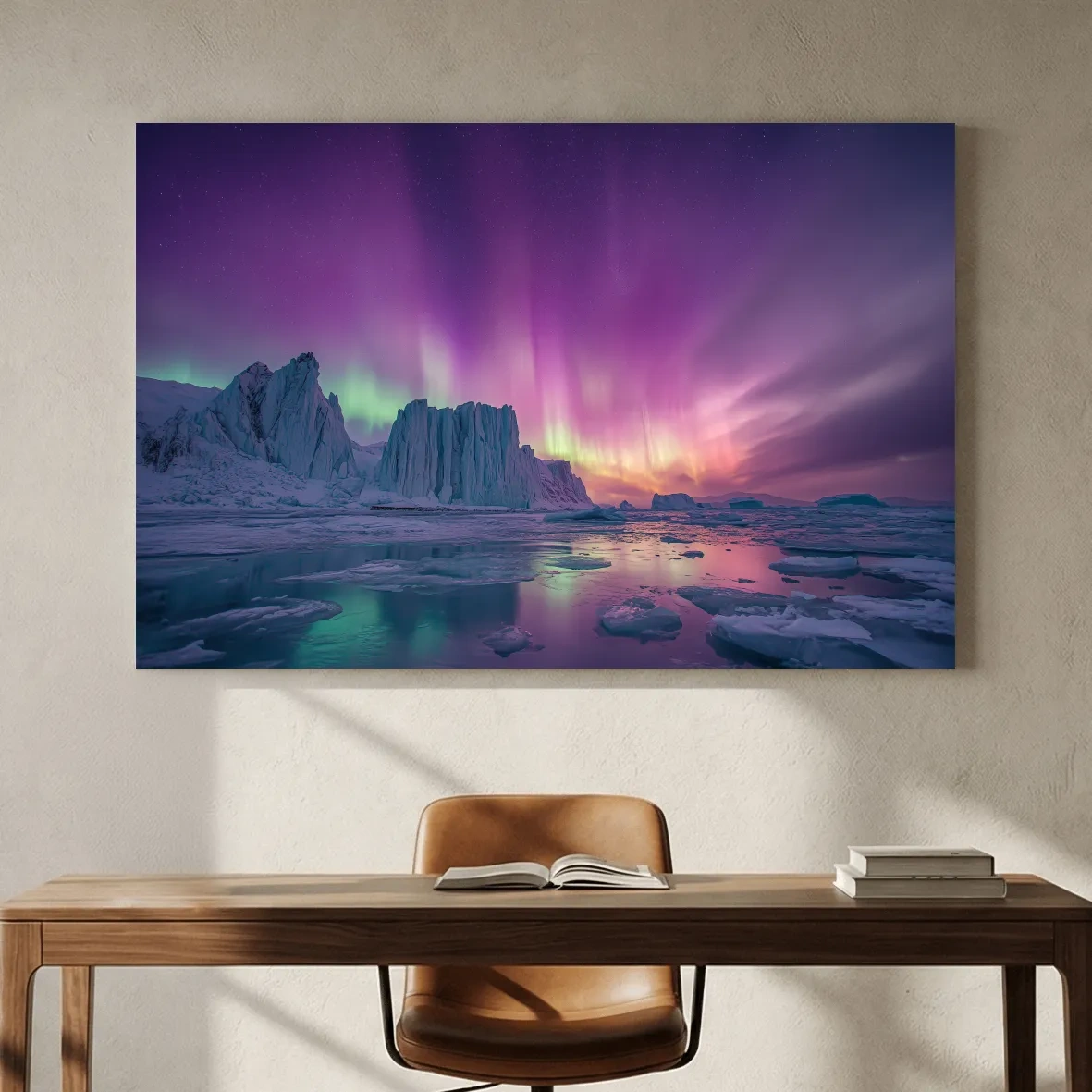 Vibrant Purple Northern Lights Over Arctic Icebergs - Aurora Borealis Landscape Wall Art
