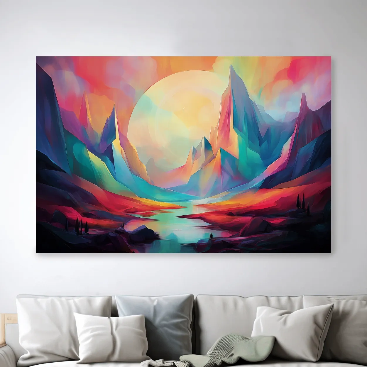 Vibrant Abstract Mountain Valley Sunset - Colorful Surreal Landscape Wall Art