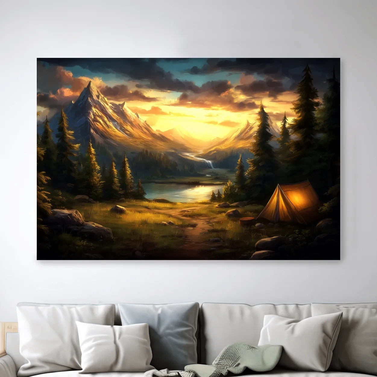 Golden Sunset Alpine Camping Scene Impressionist Painting - Scenic Mountain Wall Art