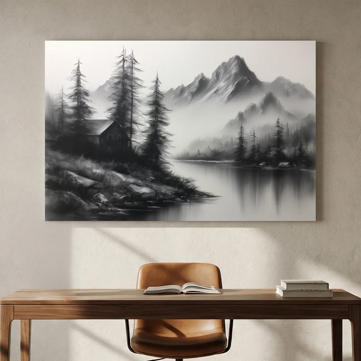 Moody Monochrome Alpine Lake Cabin - Charcoal Mountain Sketch Style Wall Art