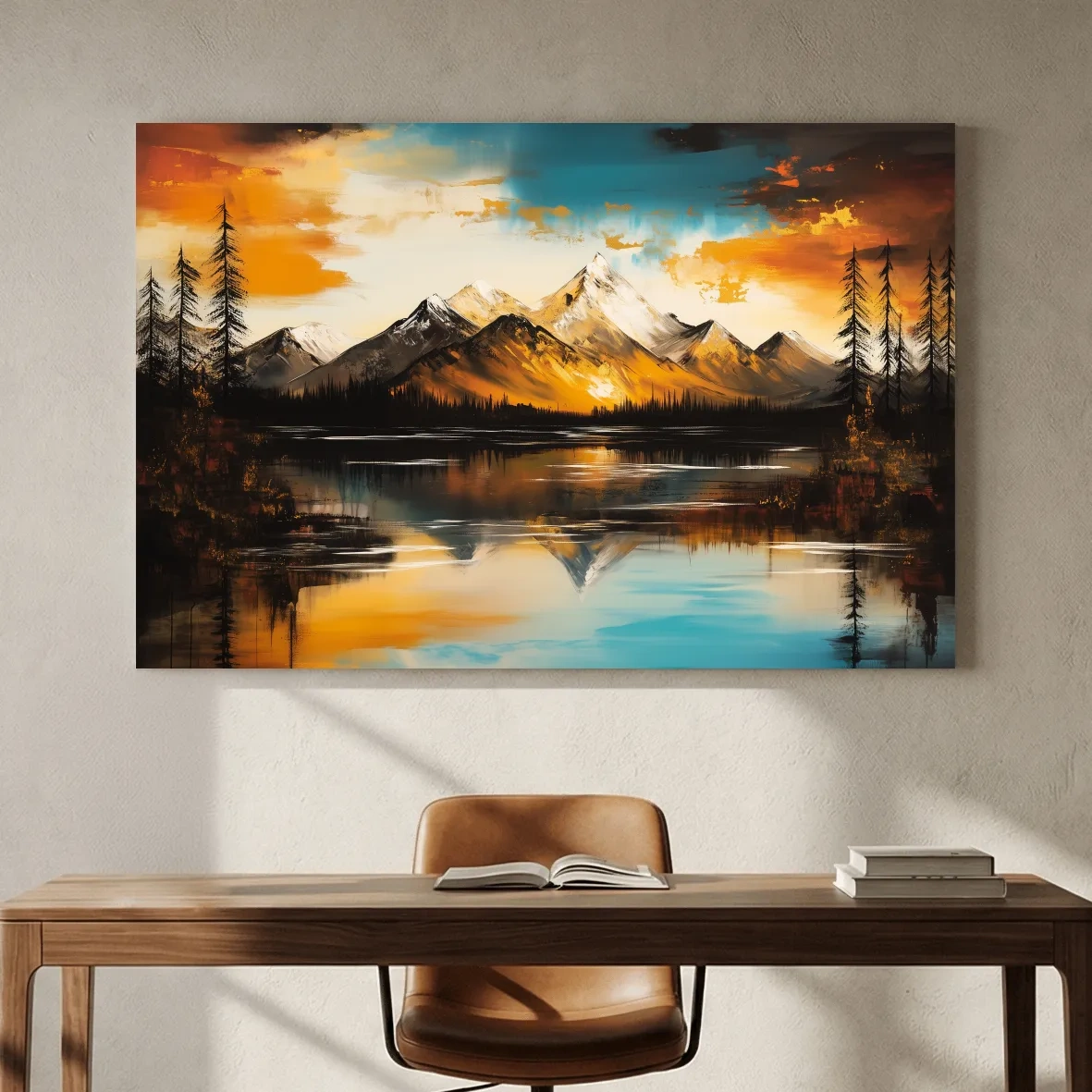 Alpine Mountain Sunset Oil Painting - Abstract Landscape Wall Art