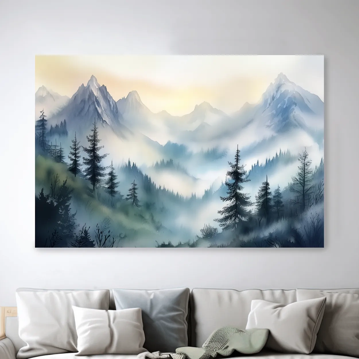 Chinese Ink Wash Watercolor Mountain Peaks - Foggy Alpine Wall Art