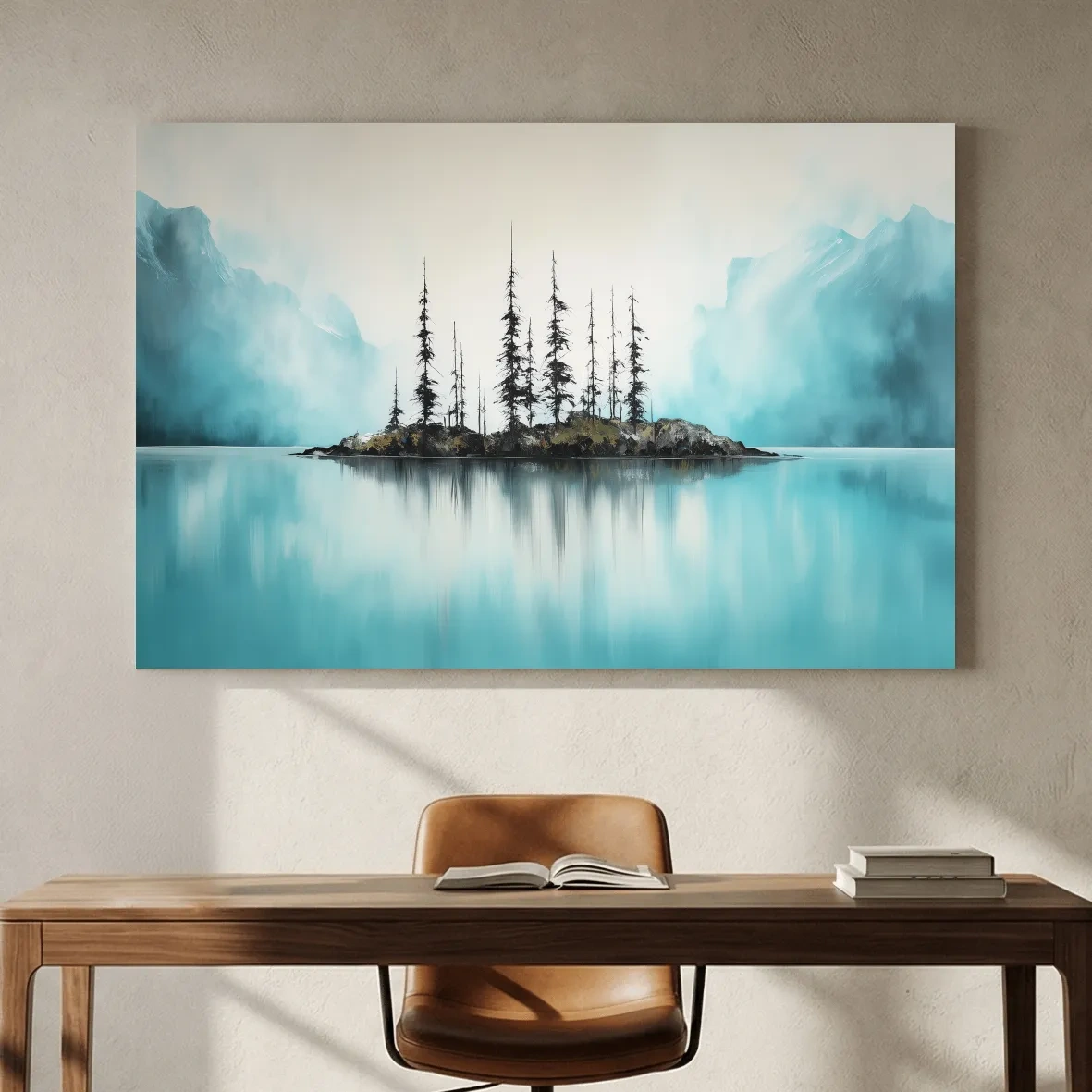 Misty Turquoise Mountain Lake Reflection - Minimalist Watercolor Landscape Wall Art