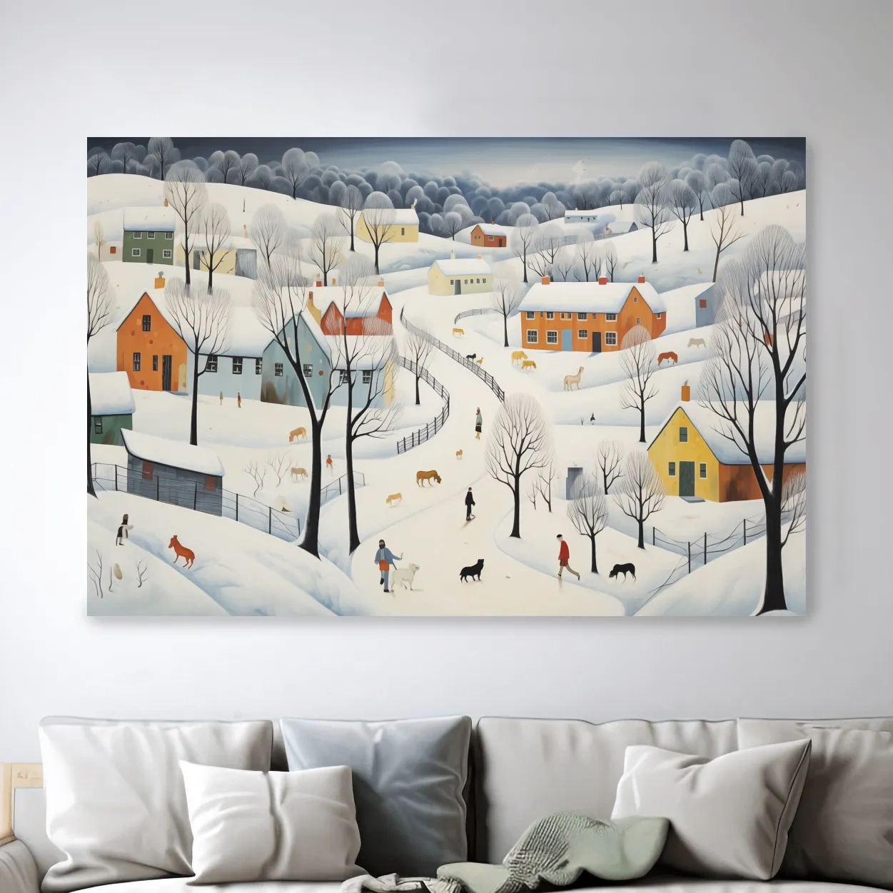 Whimsical Snowy Village Winter Landscape Painting - Folk Art Countryside Wall Art