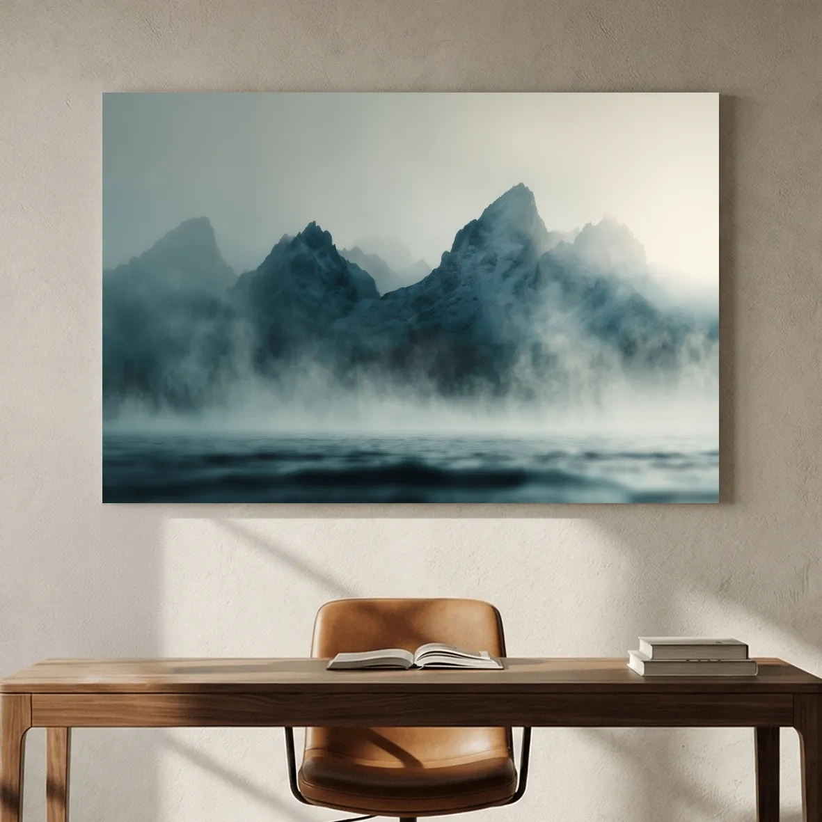 Moody Misty Mountain Peaks Over Water - Atmospheric Monochrome Landscape Wall Art