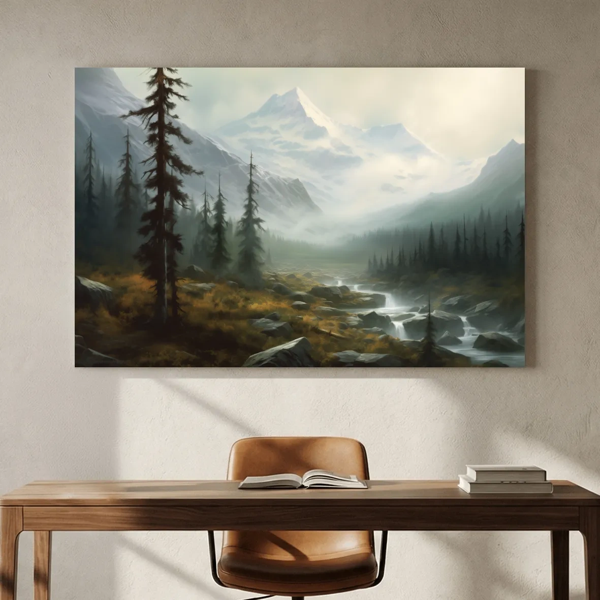 Misty Alpine Mountain Valley Painting - Foggy Evergreen Forest Wall Art
