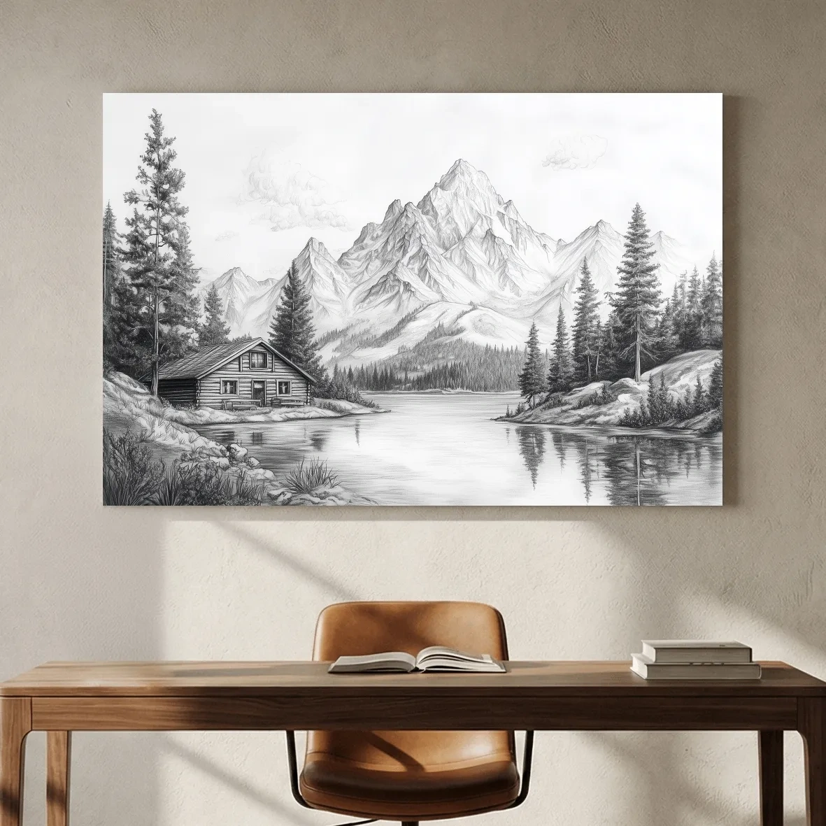 Vintage Pencil Sketch Alpine Lake Cabin - Black And White Mountain Landscape Wall Art