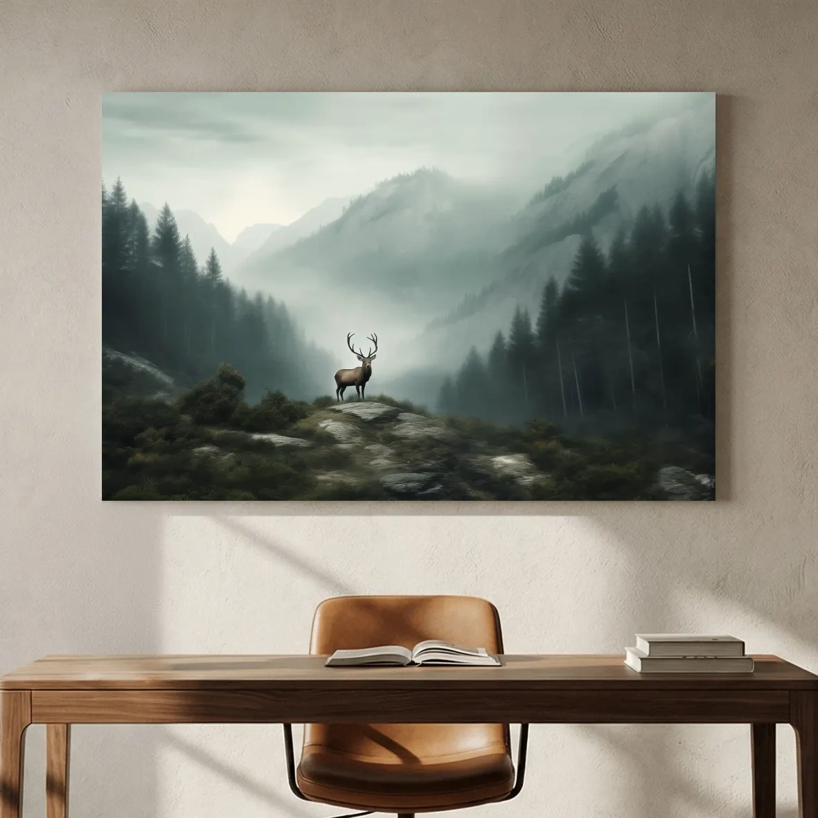 Moody Misty Mountain Deer Landscape - Atmospheric Forest Wildlife Wall Art