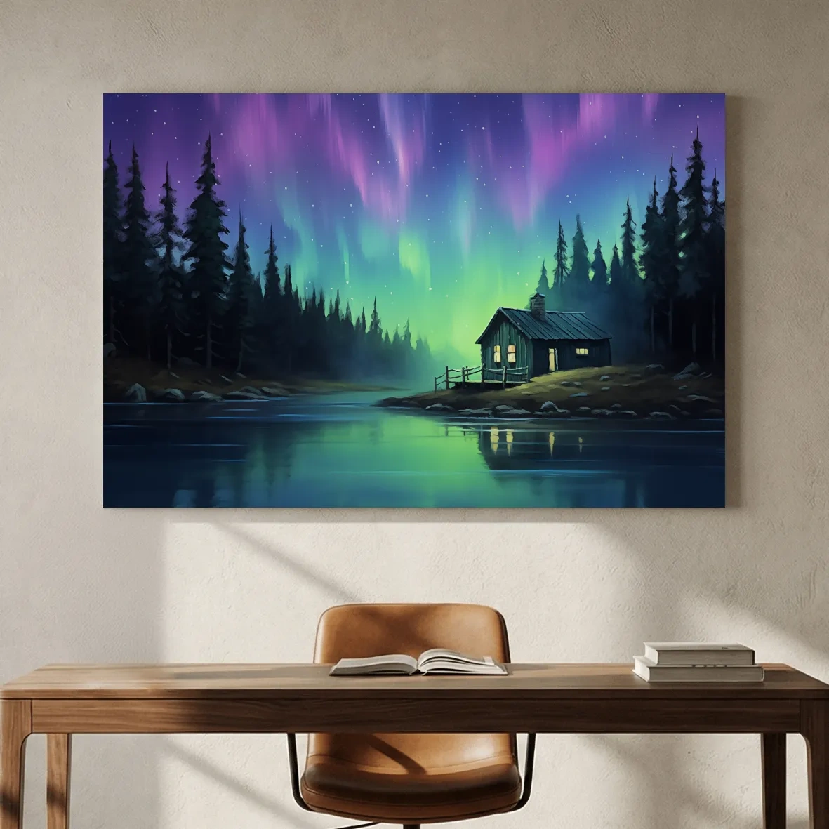 Northern Lights Over Lakeside Cabin Painting - Aurora Borealis Night Wall Art