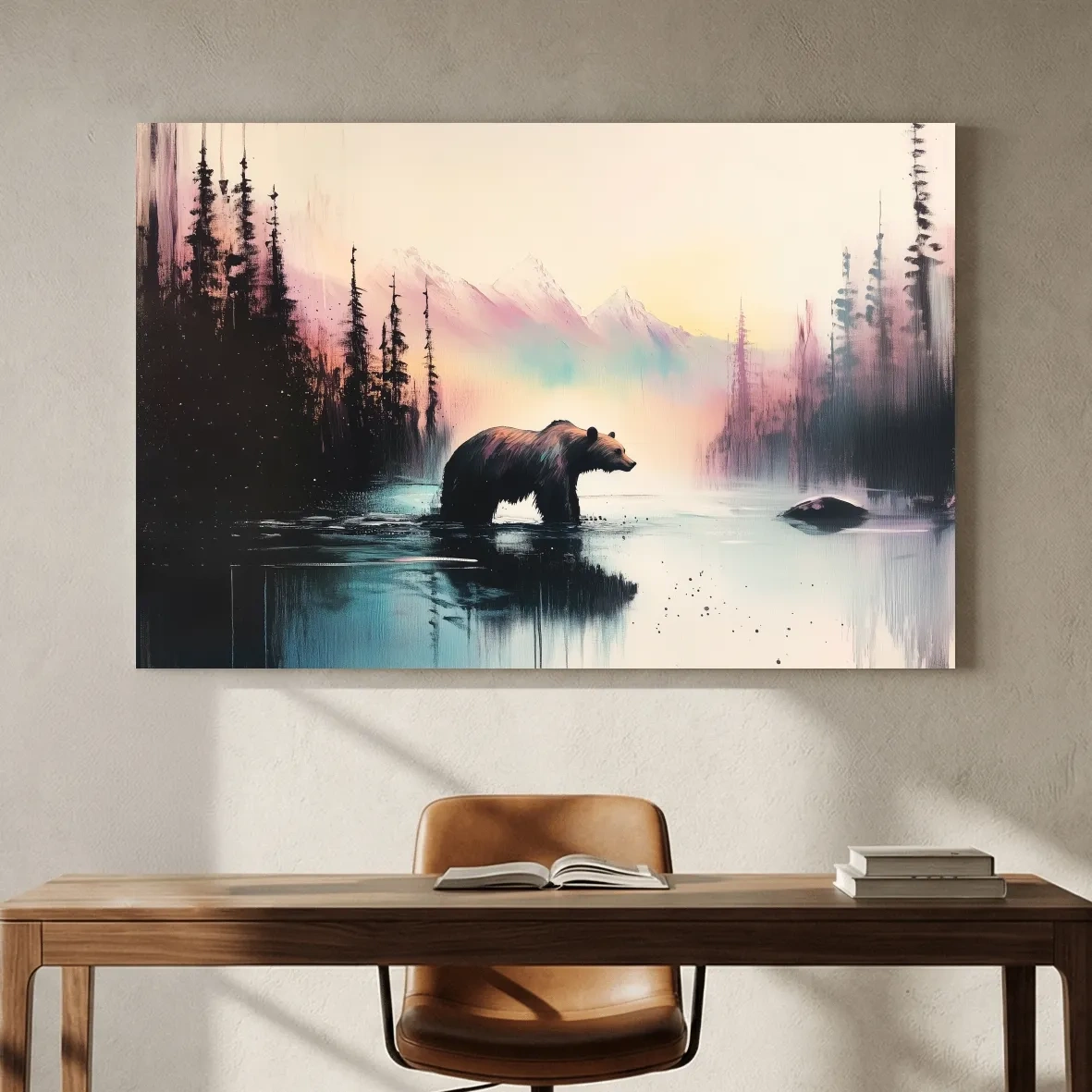 Moody Watercolor Grizzly Bear Lake Reflection - Misty Mountain Wilderness Wall Art