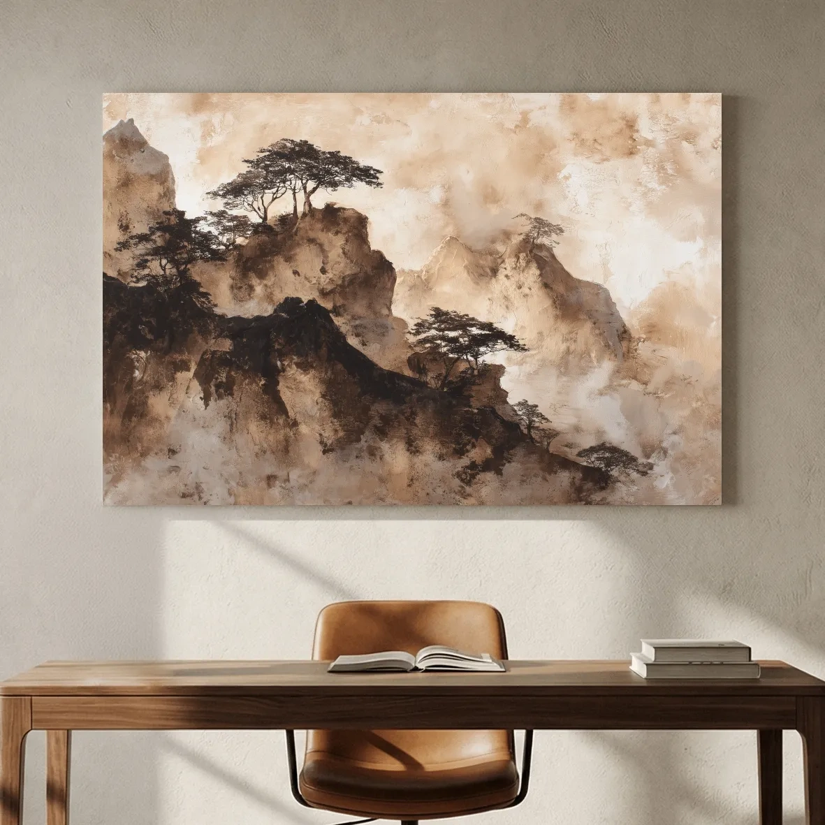 Sepia Japandi Mountain Ridge Painting - Atmospheric Ink Wash Art