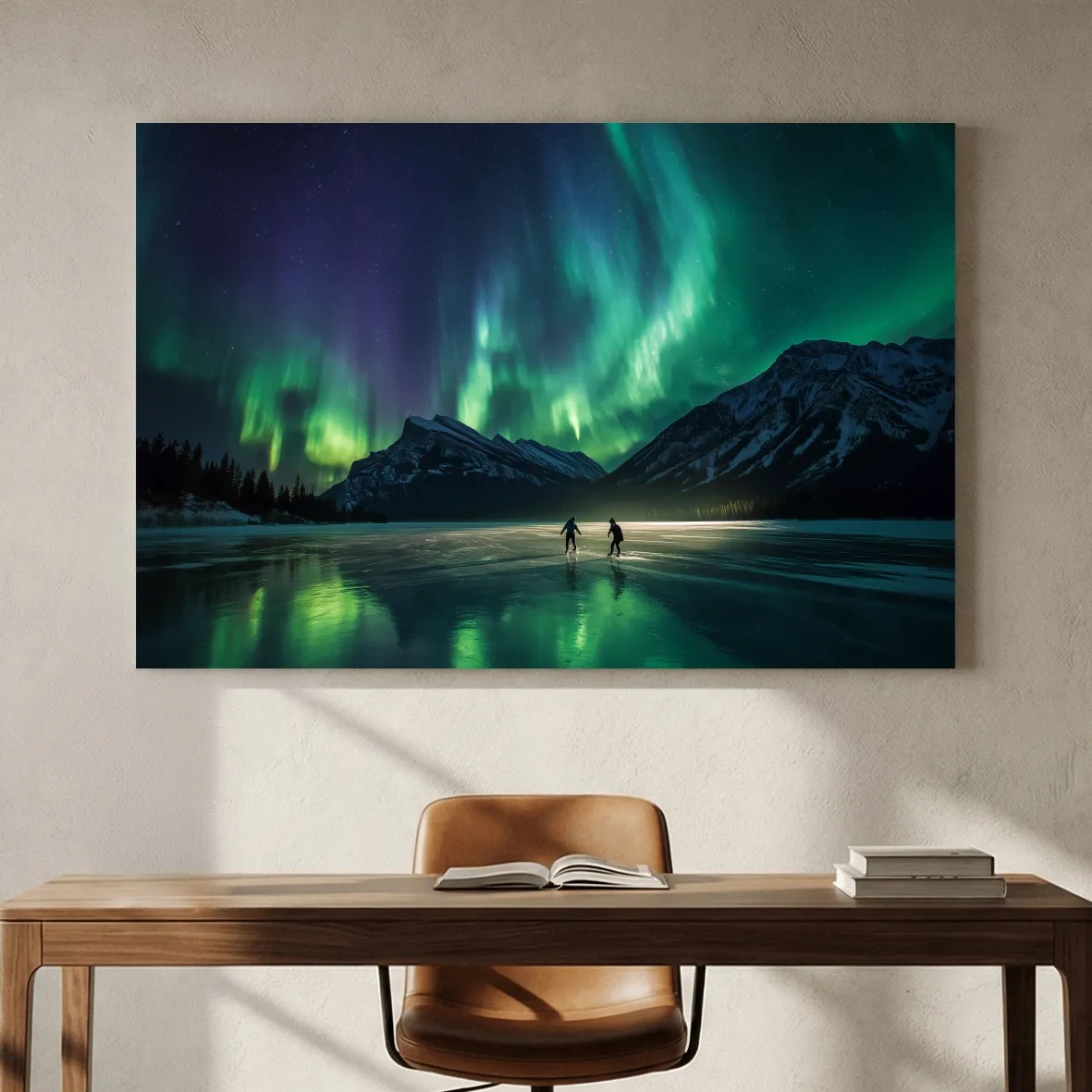 Ice Skaters Under Vibrant Northern Lights - Aurora Borealis Photographic Wall Art