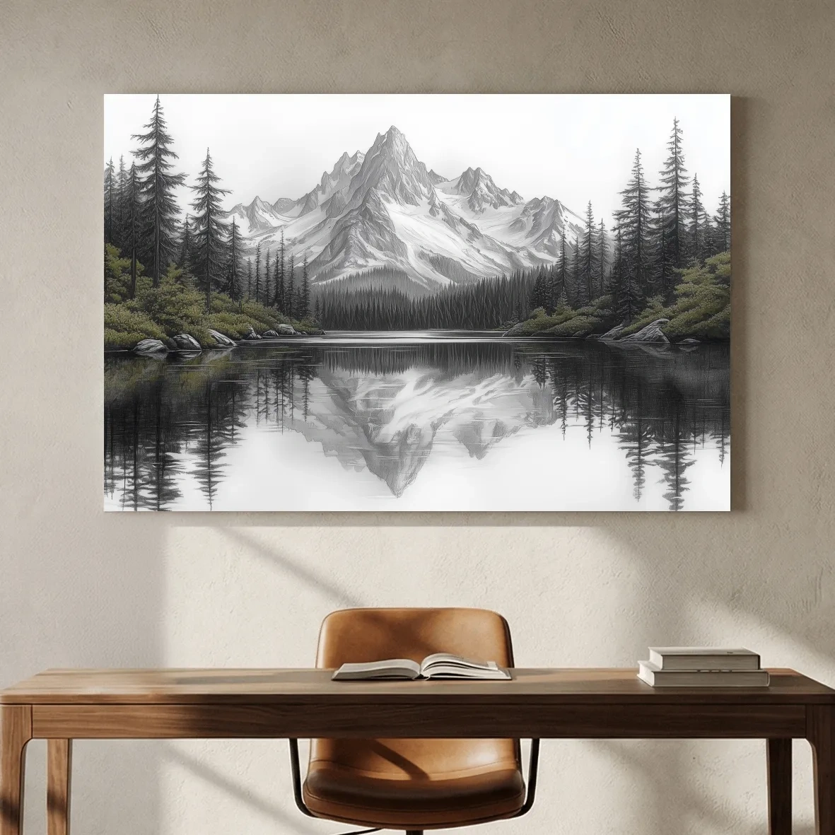 Monochrome Alpine Mountain Lake Reflection Sketch Artwork - Minimalist Forest Landscape Wall Art