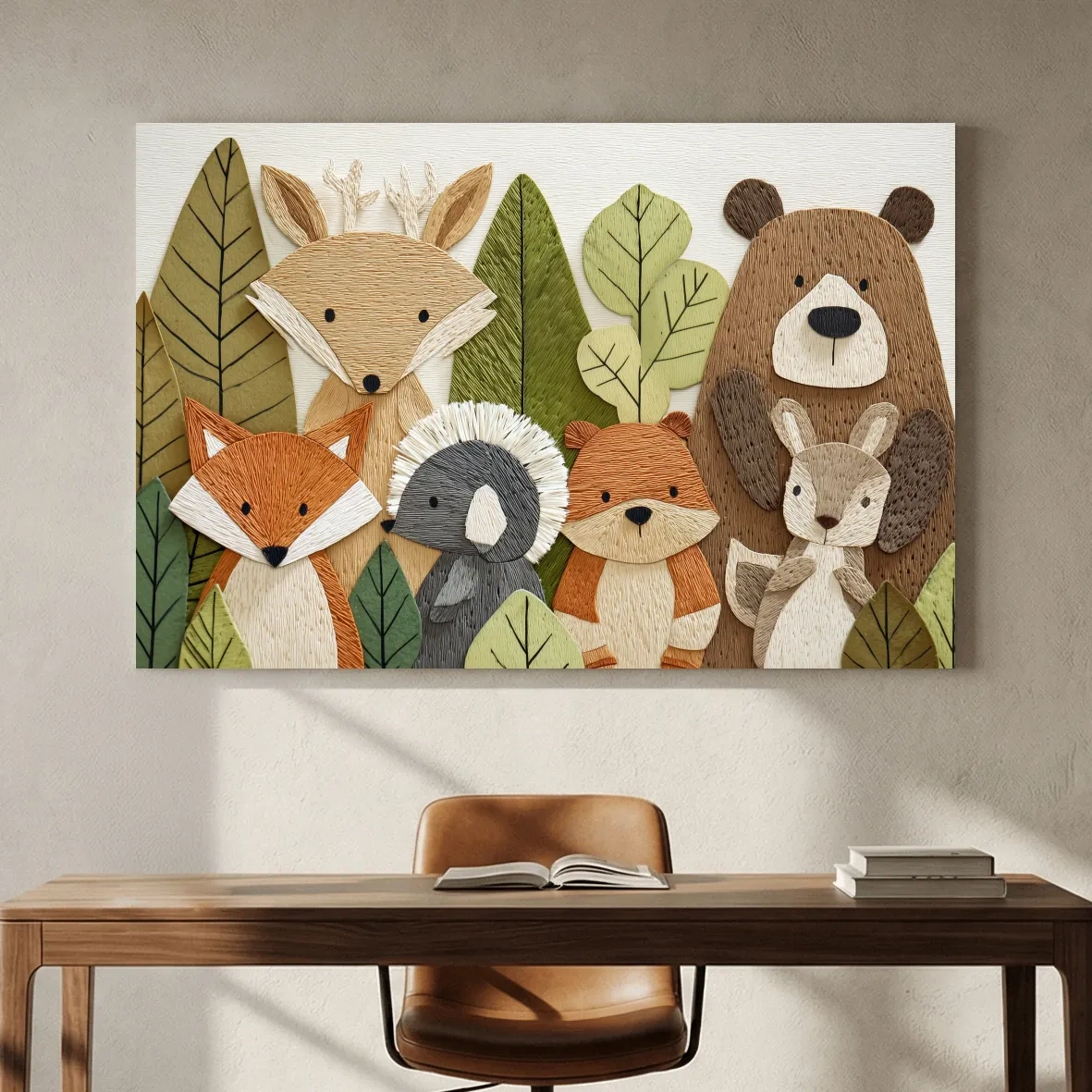 Woodland Animal Nursery Decor - Cute Forest Animals Embroidery Style Wall Art