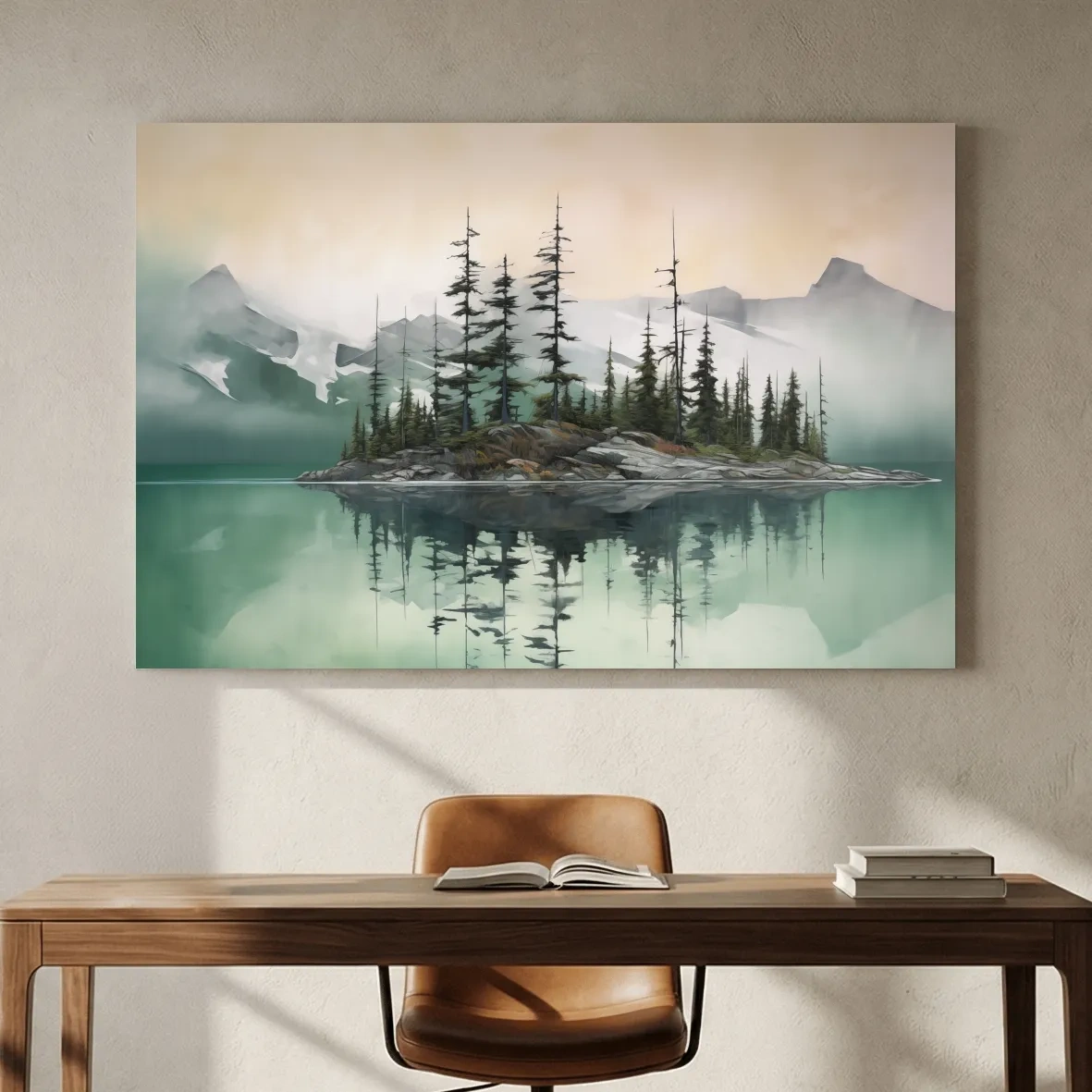 Misty Turquoise Alpine Lake Reflection - Serene Watercolor Mountain Landscape Wall Art