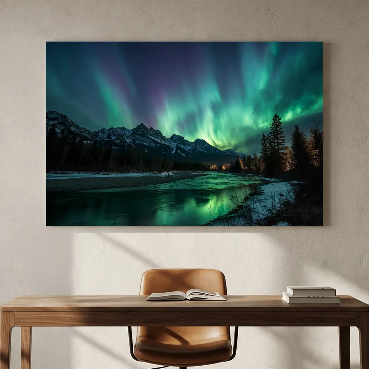 Vibrant Green Northern Lights Over Frozen Lake - Aurora Borealis Landscape Wall Art