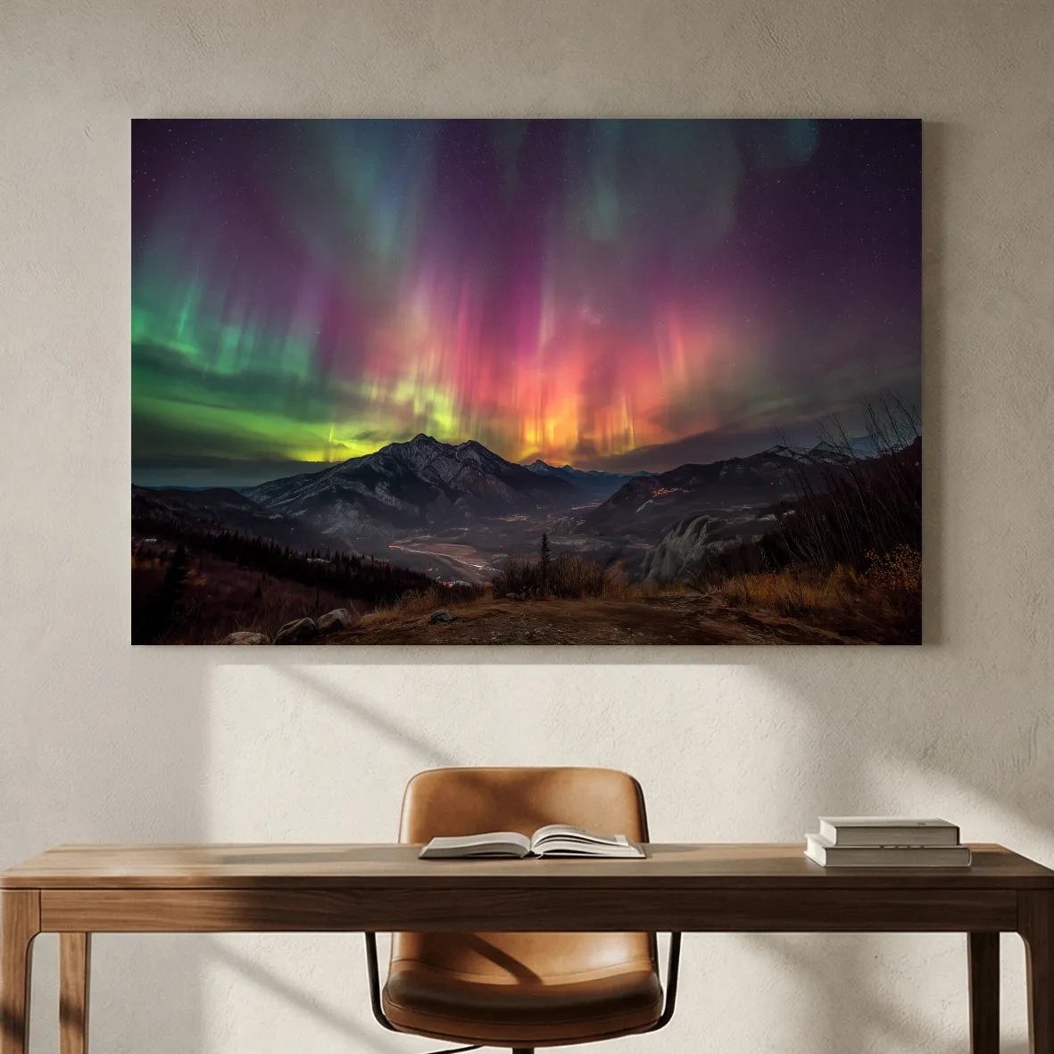 Vibrant Aurora Borealis Over Mountain Range - Colorful Northern Lights Landscape Wall Art